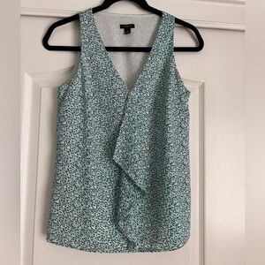 Ann Taylor Sleeveless Ruffle Blouse Size 0 Blue Green Print Career Top
